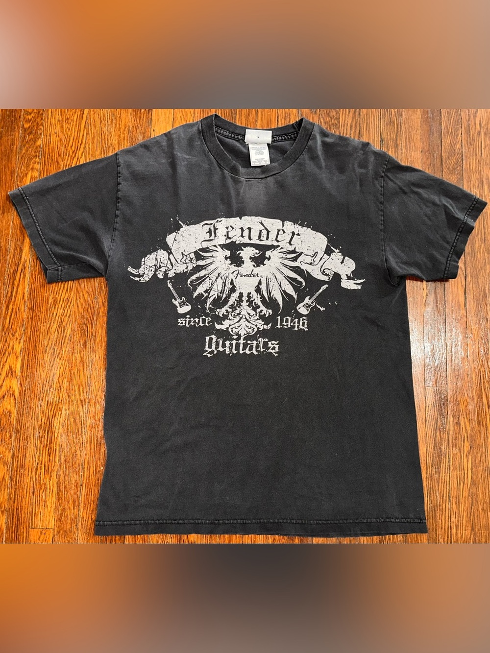 Large Grunge Fender Guitars Since 1946 Black Faded Short Sleeve Shirt